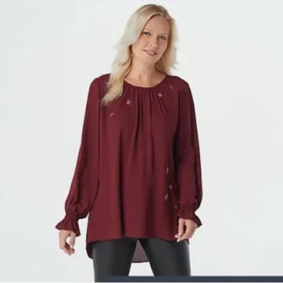 🌹 NWT:DENNIS BASSO EMBROIDERY/BEADED RUFFLE SLEEVE BLOUSE - Picture 1 of 9